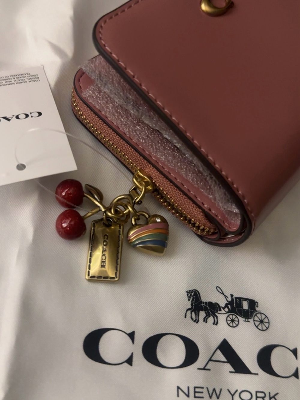 Coach Rose Pink Leather Compact Zip Wallet with Charm - Picture 3 of 5